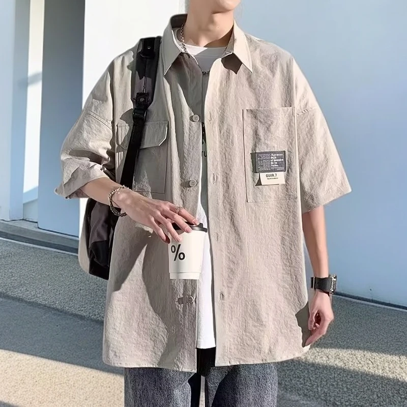 短袖衬衫男夏季韩版帅气衬衣五分袖痞帅休闲上衣2024年韩版潮流潮