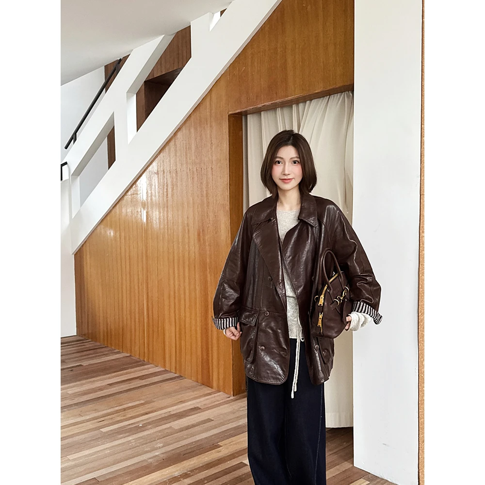 【唐悠悠mgdm】绵羊油蜡皮中长款皮衣女秋冬新款时髦宽松复古外套