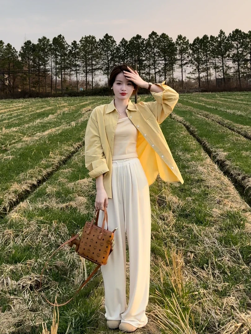 2025春季新款高级感穿搭针织背心衬衫上衣搭配休闲裤显瘦三件套女