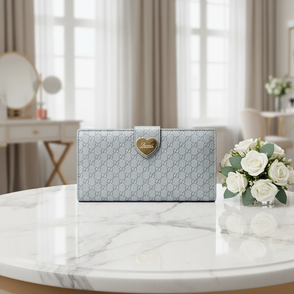 95新 GUCCI/古驰 银色压花爱心长款钱包 1825 8940