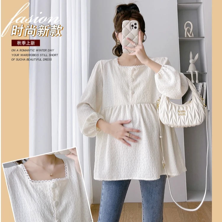 2025秋季新款孕妇韩版法式温柔小方领小香风娃娃衫上衣