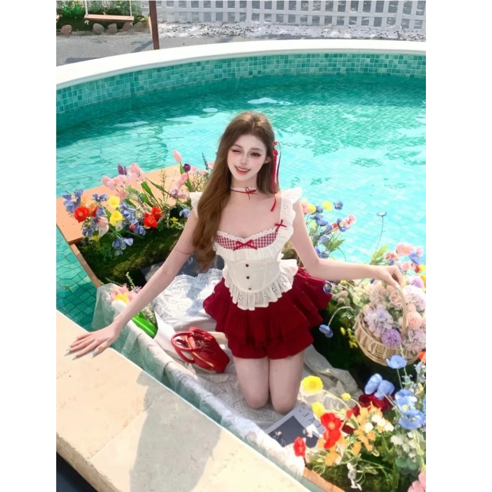 【破价秒发】夏季修身显瘦纯欲风甜美设计感撞色上衣蕾丝半身裙套装