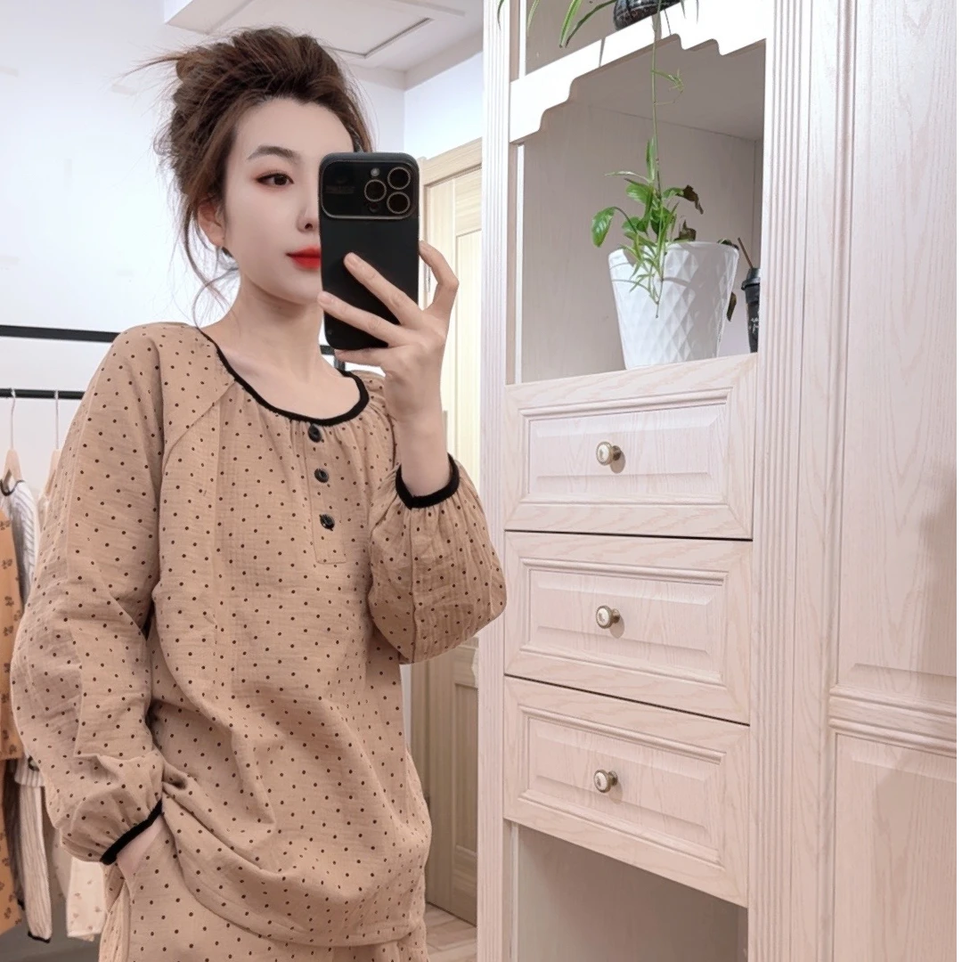 圆领咖色波点纯棉双层纱春秋宽松韩版长袖柔软透气吸汗家居服套装