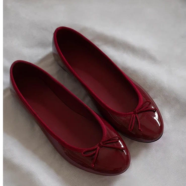 25新款秋冬小圆头蝴蝶结平底鞋法式复古芭蕾舞鞋亮面漆皮小红单鞋