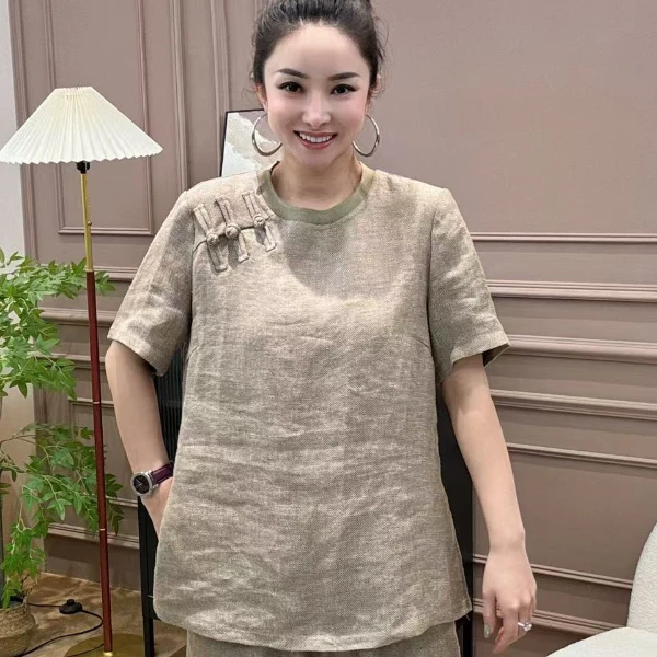 【一潮家】“蝉翼麻衫”夏日金丝麻东方极简中国风斜襟半截袖 97026-1