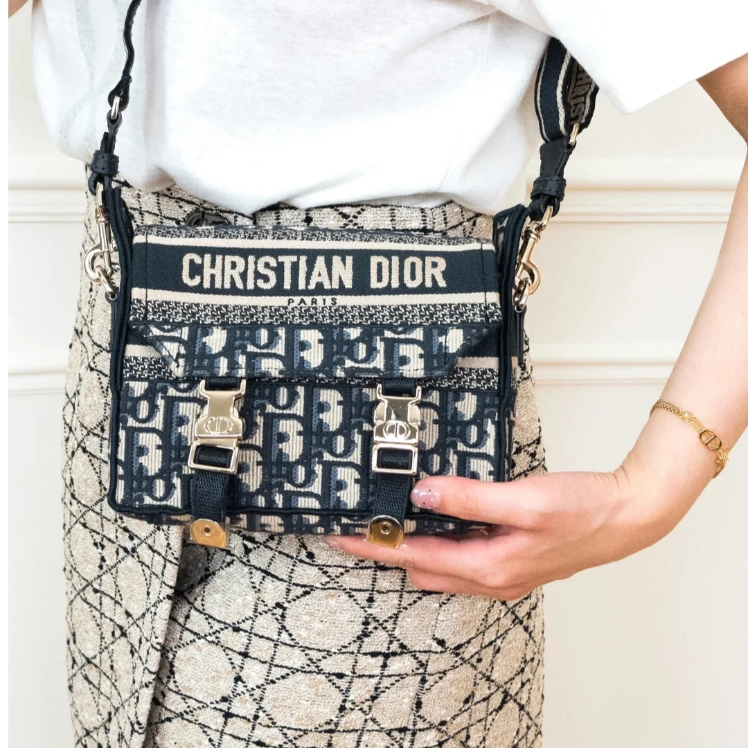 95新 DIOR/迪奥 小花JerryDiorcamp 邮差信使包 小号 蓝色 帆布