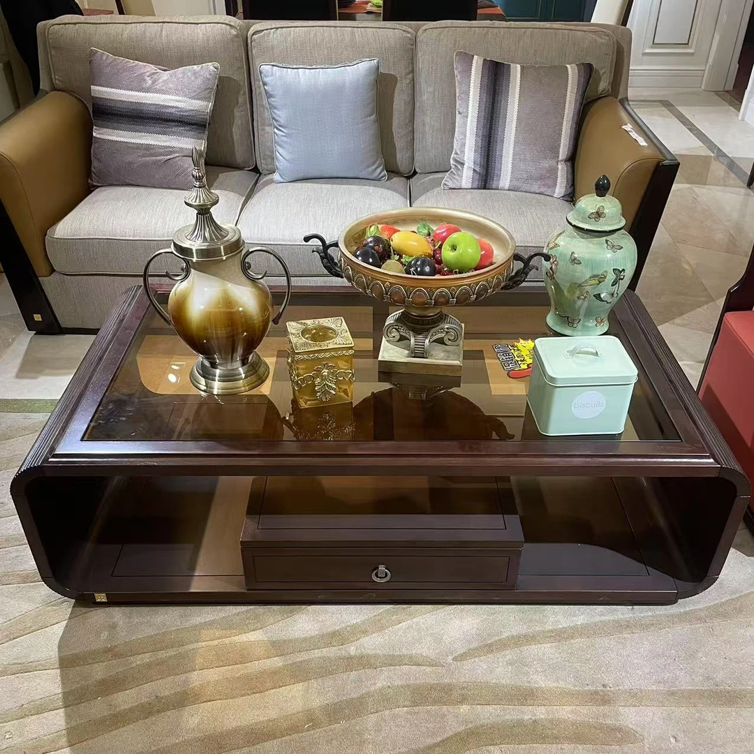 (154*80*47)奥克维尔全原木带玻璃长茶几桃花心-FY2005