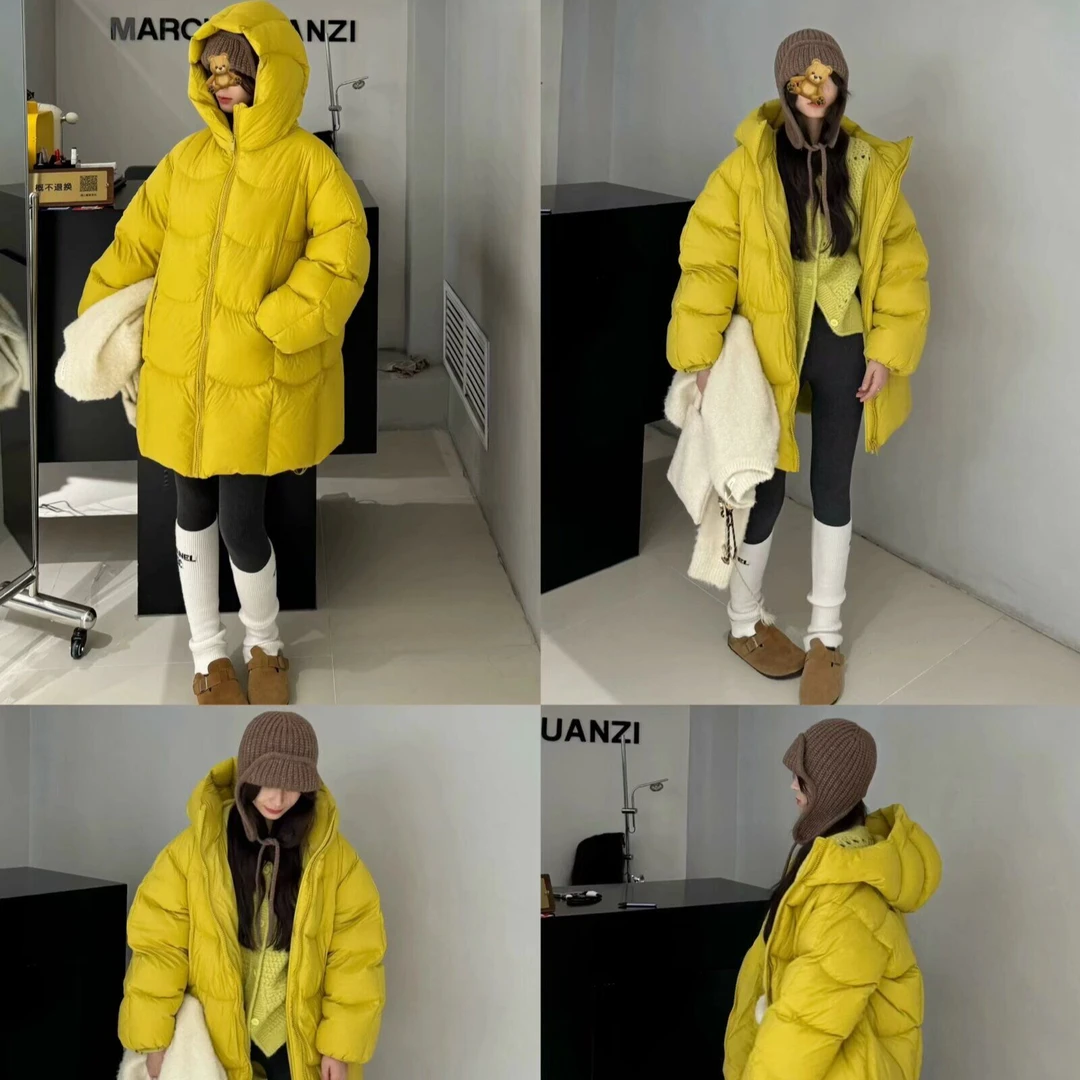 连帽花苞帽茧型羽绒服女中长款2024年冬新款加厚泡芙白鸭绒外套