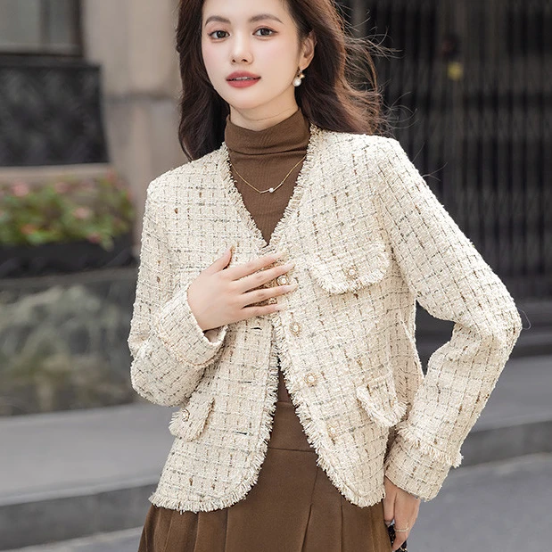 短外套小香风春秋气质长袖短款时尚秋季粗花呢小个子洋气休闲#0Fu