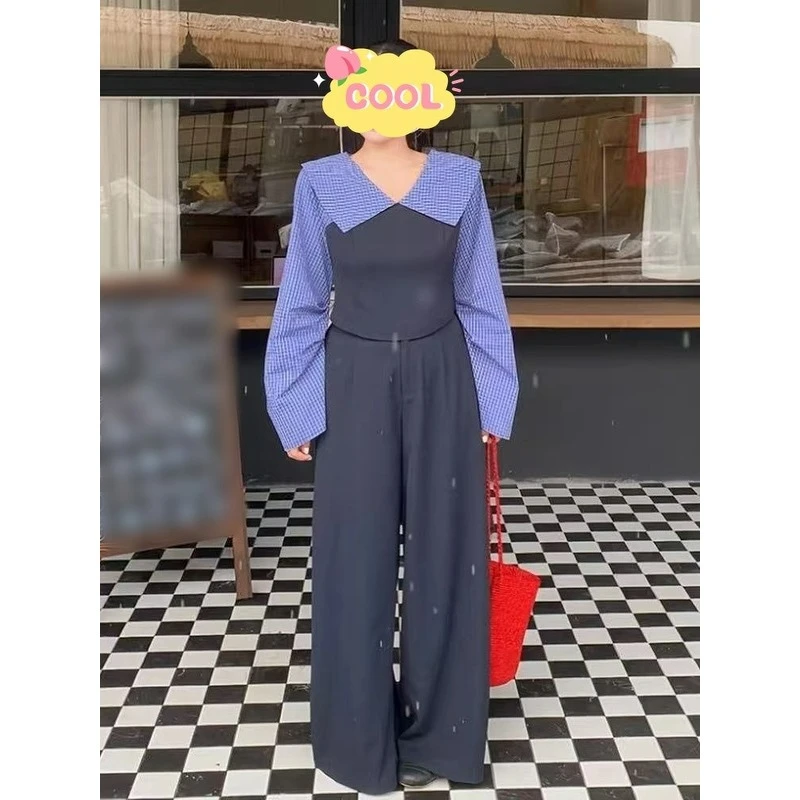 大码秋季拼接长袖上衣阔腿长裤时尚显瘦两件套1293#