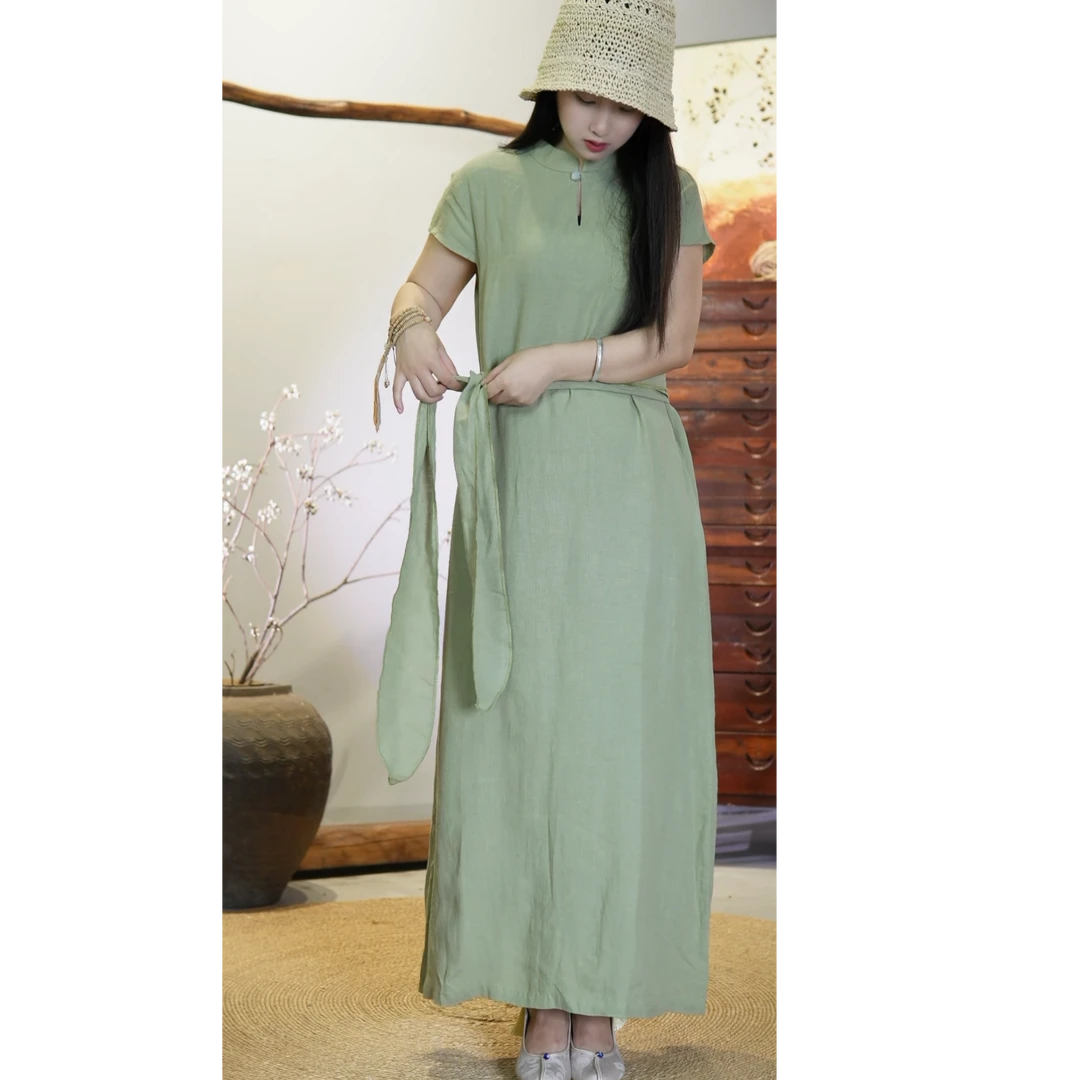 【故里】砂洗亚麻短袖水滴领文艺气质长旗袍