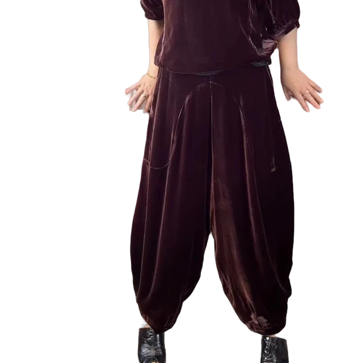 诗益燃加密50梭 桑蚕丝真丝乔绒高腰松紧腰 哈伦裤 显瘦款 0709款