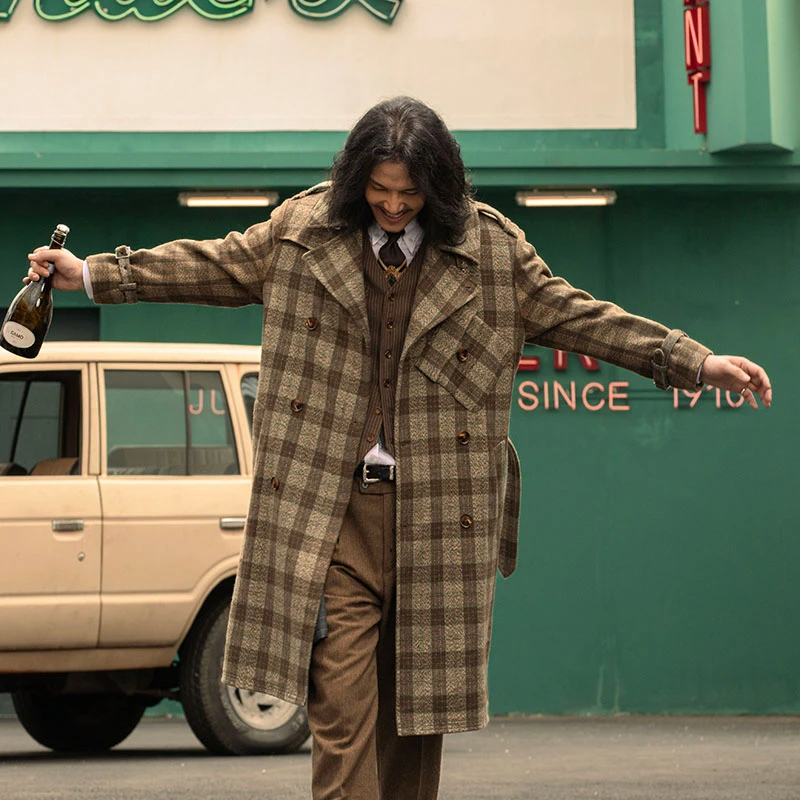SOARIN英伦风复古羊毛中长款大衣男 秋冬毛呢商务格子双排扣风衣