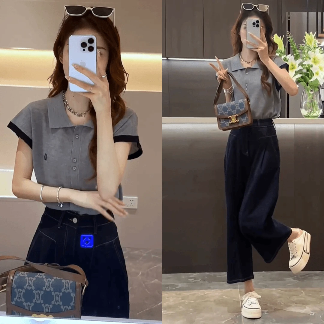 夏季气质时尚撞色polo领刺绣上衣女百搭休闲直筒阔腿牛仔裤套装潮