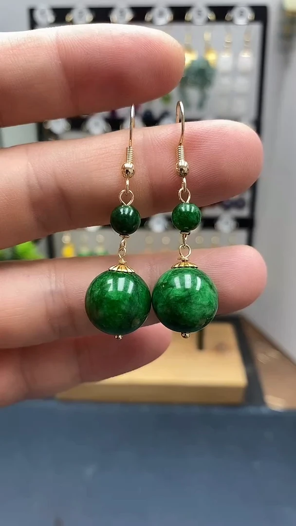 银S925镀金镶嵌翡翠耳饰尺寸14mm连珠Q4