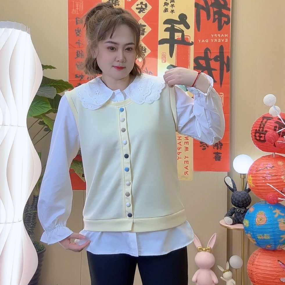 2025春季新款拼接假两件长袖衬衫娃娃领时尚减龄撞色宽松气质