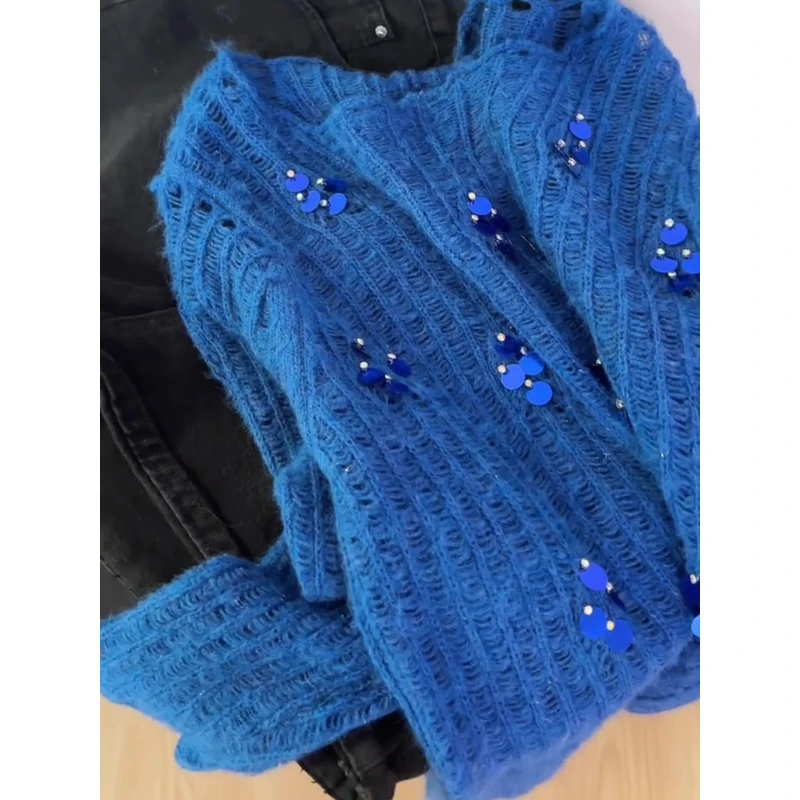 法式复古气质百搭舒适时尚蓝色上衣女2025早秋圆领薄款长袖针织衫