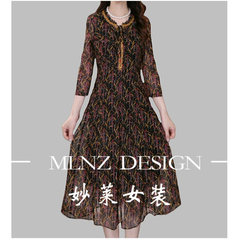 【妙莱 稻花香】春夏新款台湾纱碎花妈妈装中袖连衣裙M10430