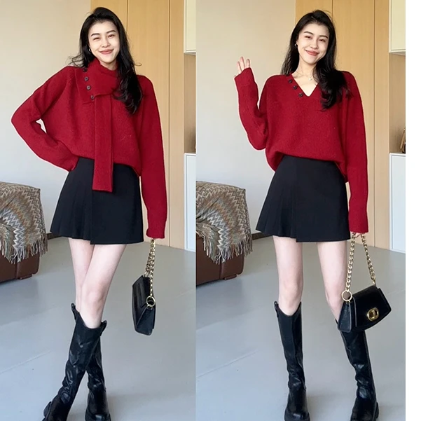 拉夏贝尔时尚套装女可拆卸围巾洋气软糯毛衣上衣百褶短裙两件套潮