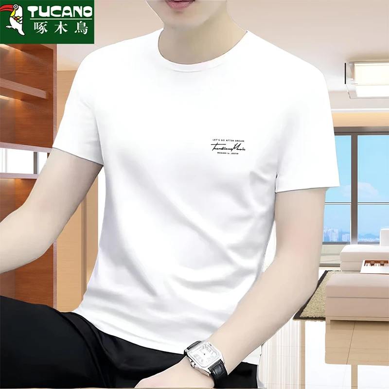 啄木鸟纯棉t恤男夏季重磅全棉半袖大码宽松青年上衣印花圆领短袖t