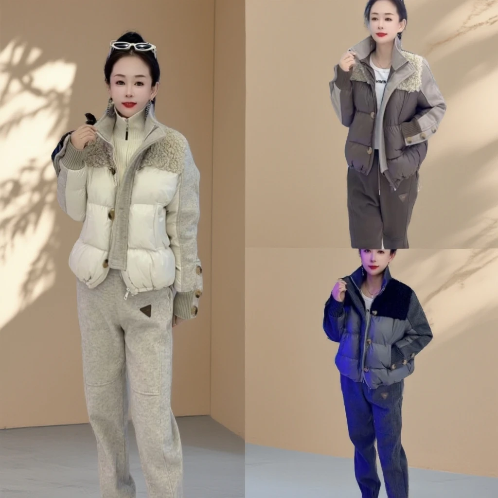 冬季立领羊羔毛拼接海藻绒棉服短款时尚高级感小个子套装两件套