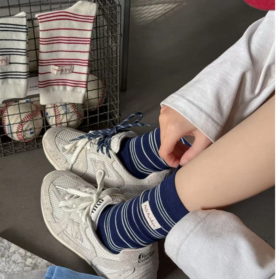 韩国东大门春季新品简约百搭条纹中筒袜时尚布标无骨堆堆袜