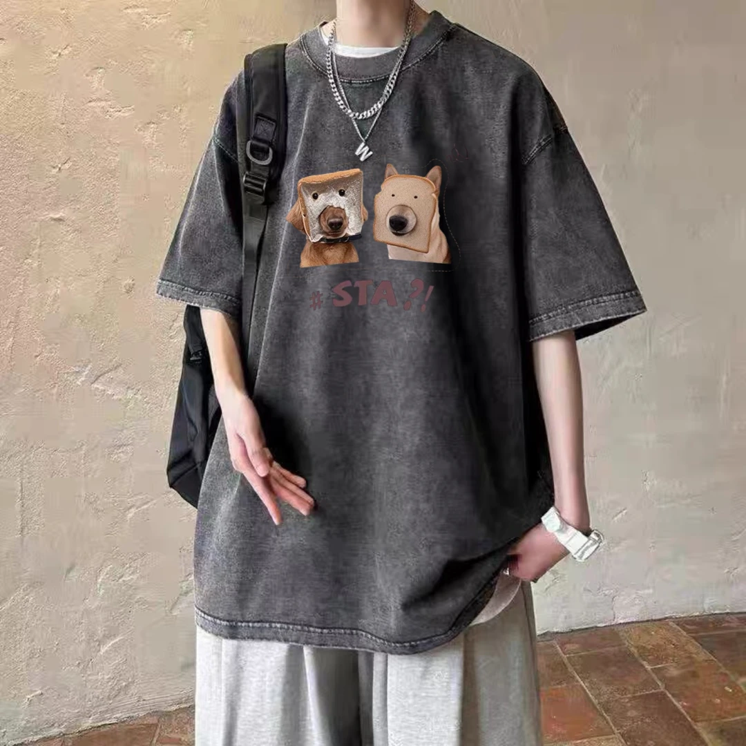 纯棉做旧短袖男女设计感小众印花夏季凉感ins潮牌情侣t恤圆领上衣