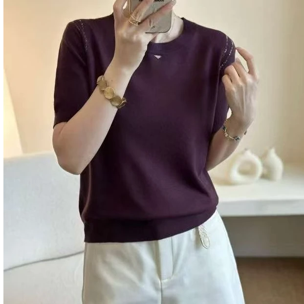 小施家气质工艺闪钻纯色百搭显瘦针织T恤1102