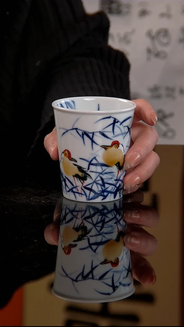 李华手绘青花鹭鸶小可乐杯
