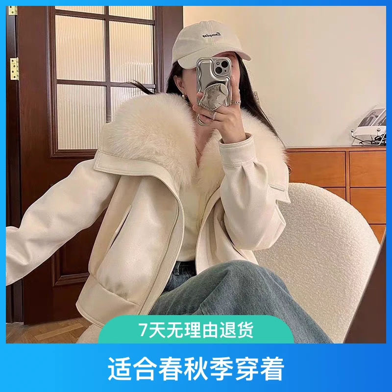 都市韩一坊断码检陋短款鹿茸皮加棉皮毛一体加厚女ins毛领短外套