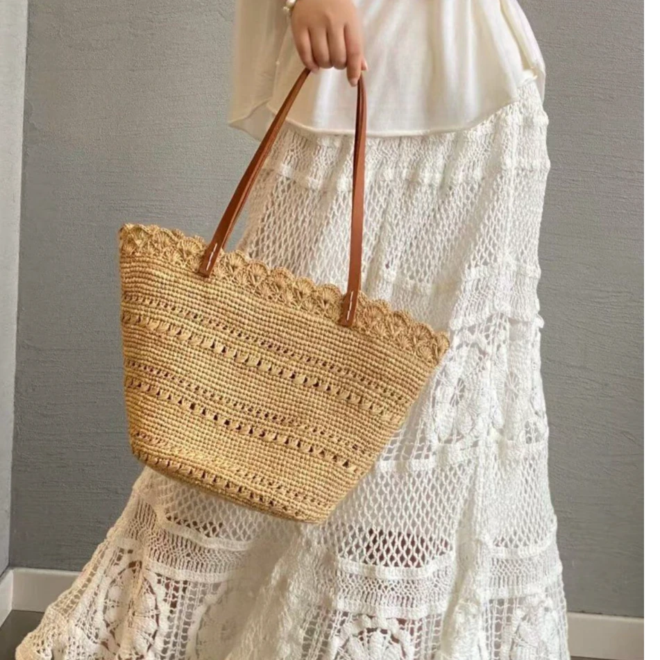 拉菲草轻奢草编包沙滩海边夏季编织单肩托特大容量时尚包包度假