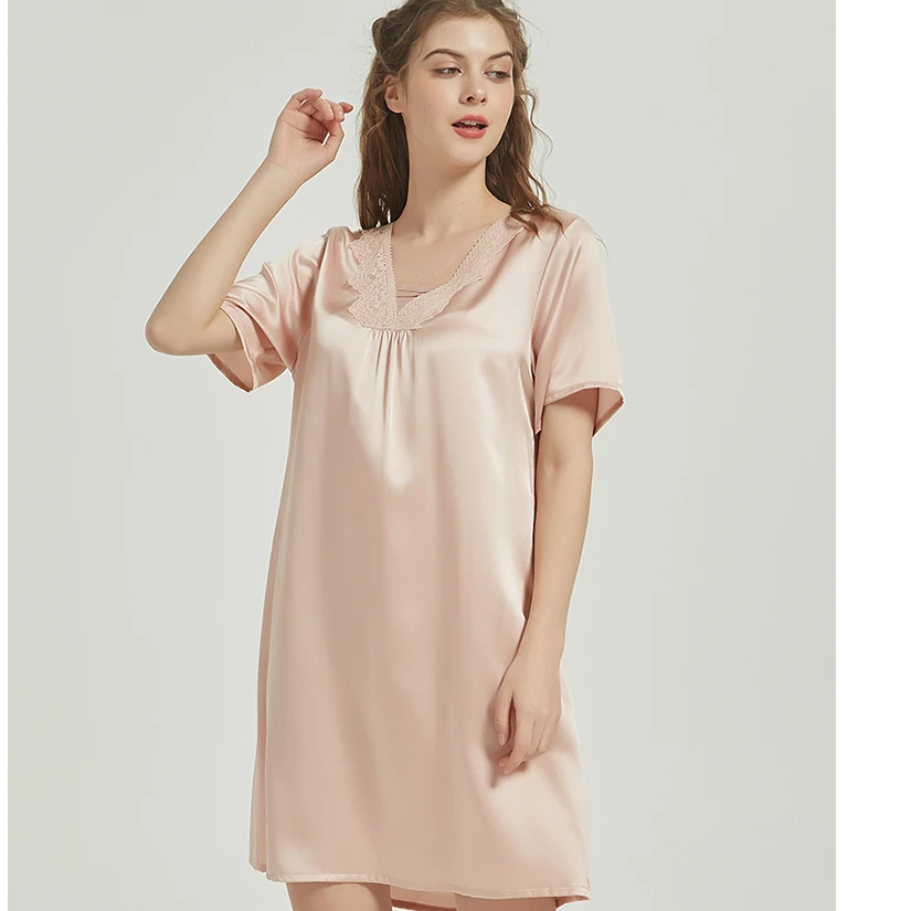 美标100%桑蚕丝短袖宽松甜美薄款睡衣睡裙100125