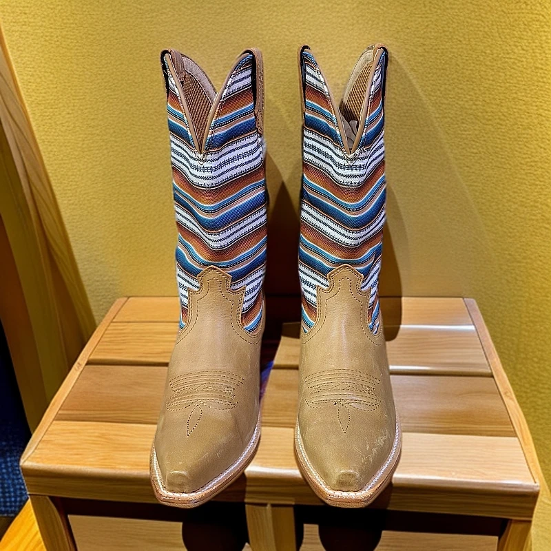 皮底高端西部靴女平底低跟尖头西部马术牛仔装备时尚复古骑马靴子