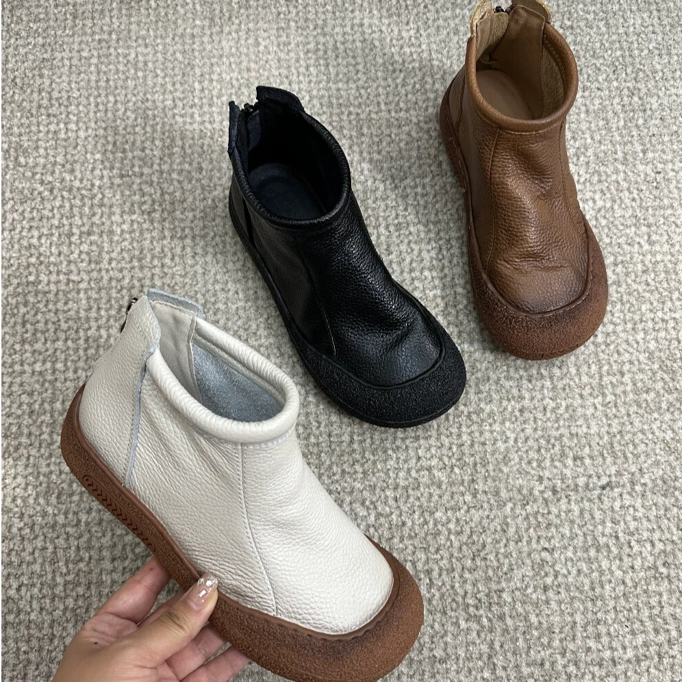 【单/二棉】复古牛皮后拉链软底切尔西短靴