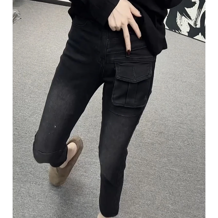秋季新款时尚牛仔烟管裤女大码洋气修身显瘦弹力九分直筒铅笔裤子