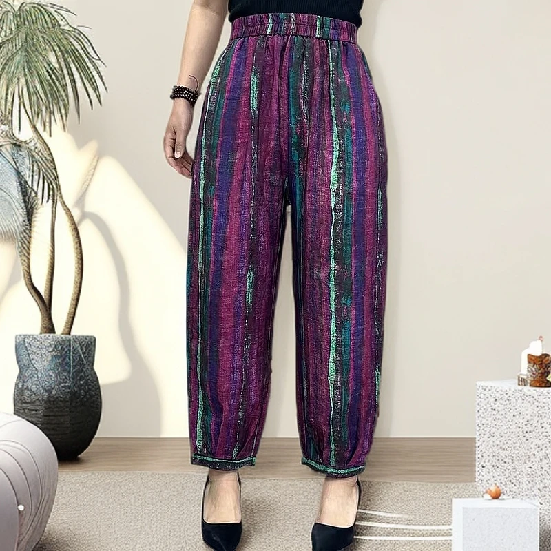 夏季新款松紧腰民族风大码薄款休闲裤文艺时尚女士宽松九分灯笼裤