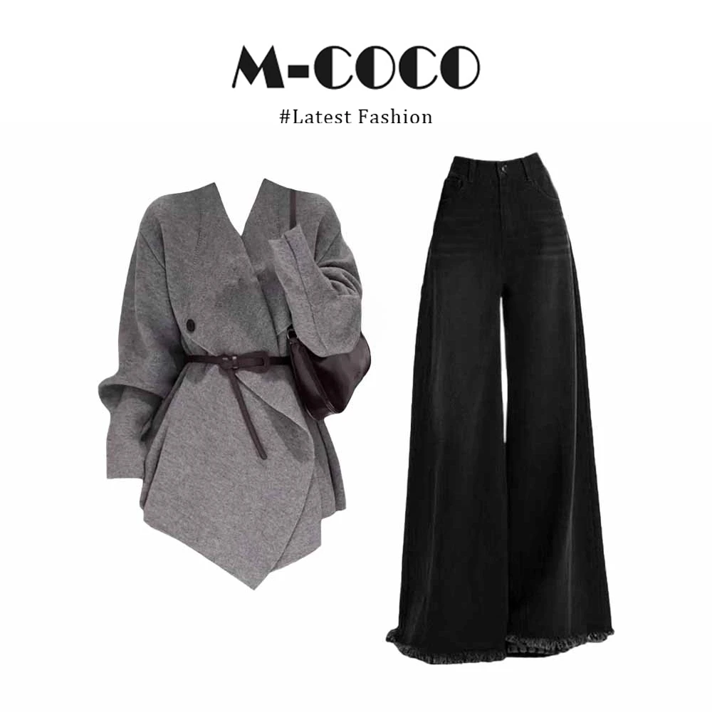 MARIE.COCO韩版灰色V领毛衣外套针织开衫高腰显瘦阔腿牛仔裤套装