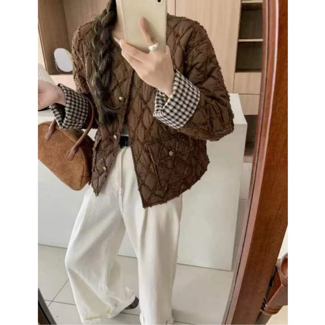 （柚子同款）ZJ秋冬毛边格时尚百搭棉服9805