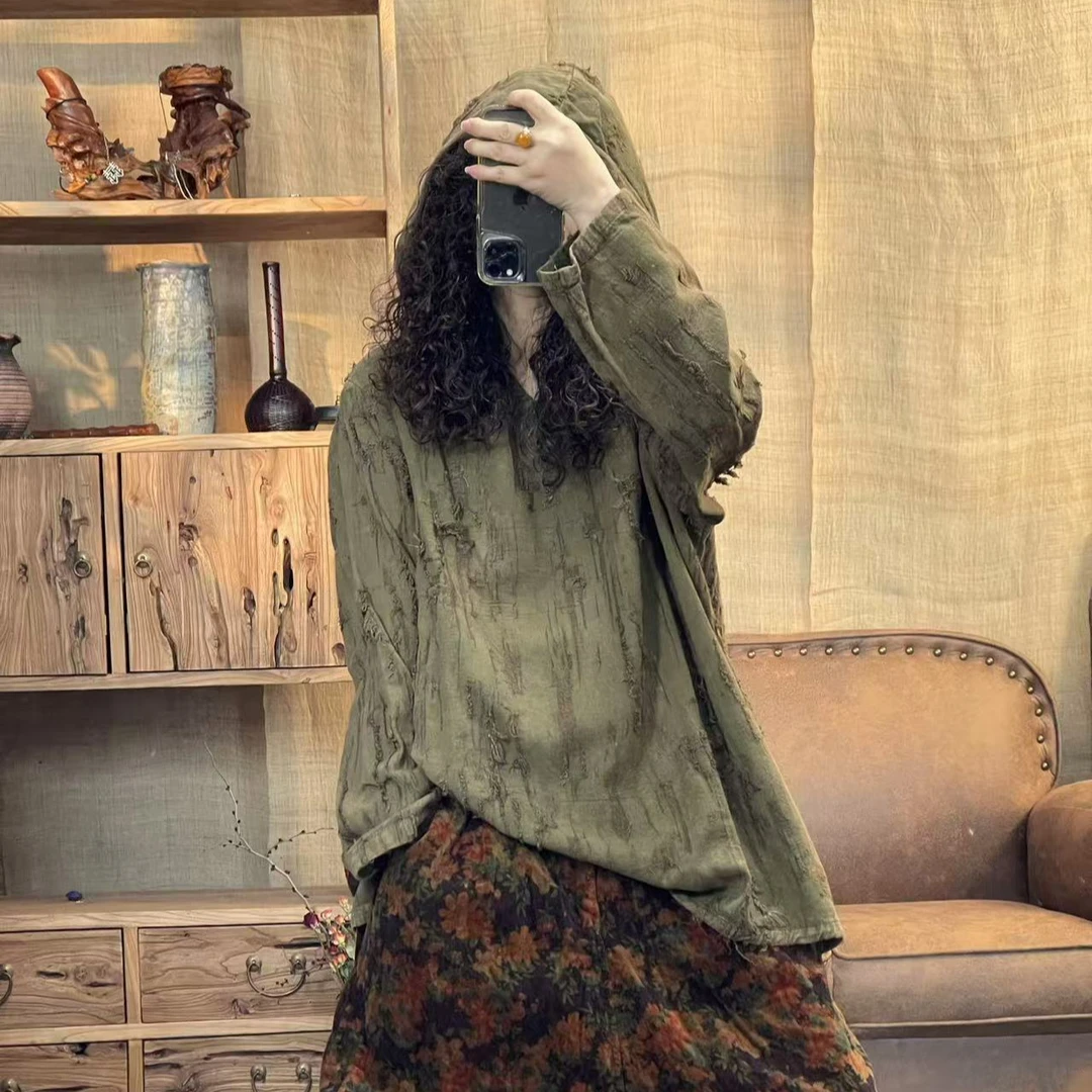 [四月阳光]春季亚麻炒色磨破做旧连帽休闲女装上衣(长72胸围138)