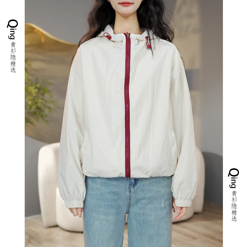 5567春夏时尚撞色拉链宽松显瘦连帽休闲冲锋衣薄款双面穿外套上衣