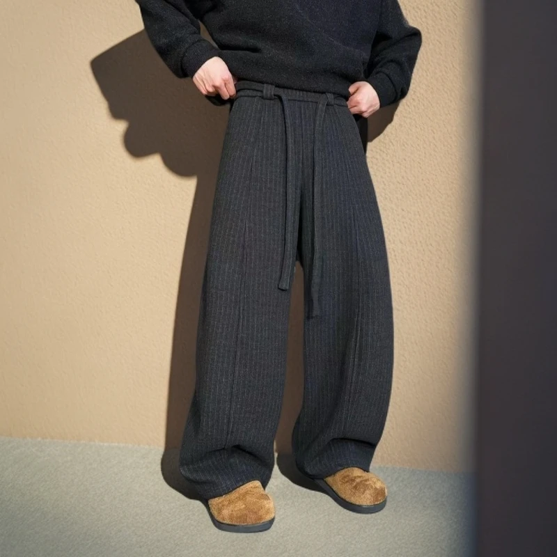 MODEK KODEK美式复古男裤秋冬飘带抽绳竖条纹加绒百搭弯刀阔腿裤