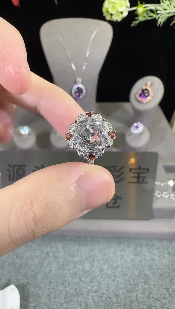 水晶戒指银S925镶嵌10mm玫瑰款白水晶戒指