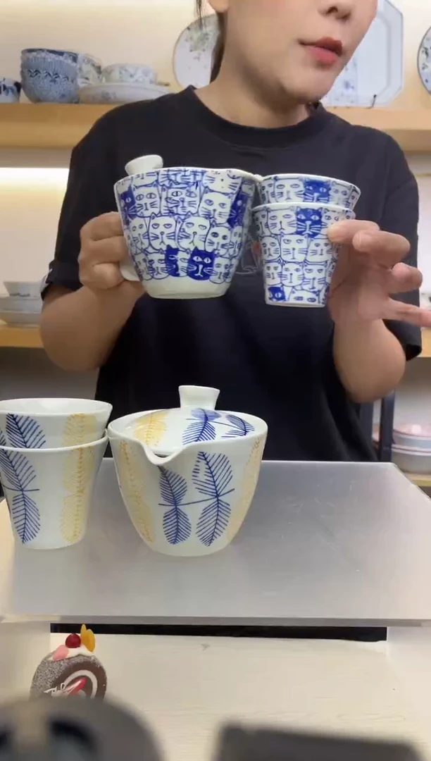 瓷片勋山窑 一壶两杯茶具 蓝色猫咪