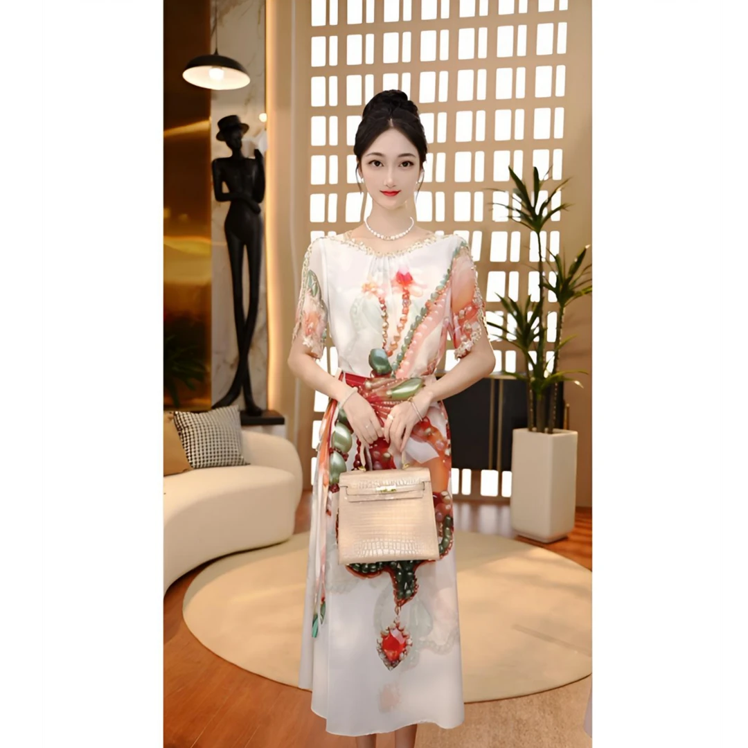 夏季新款上新百搭显瘦印花款法式修身优雅气质时尚连衣裙裙子