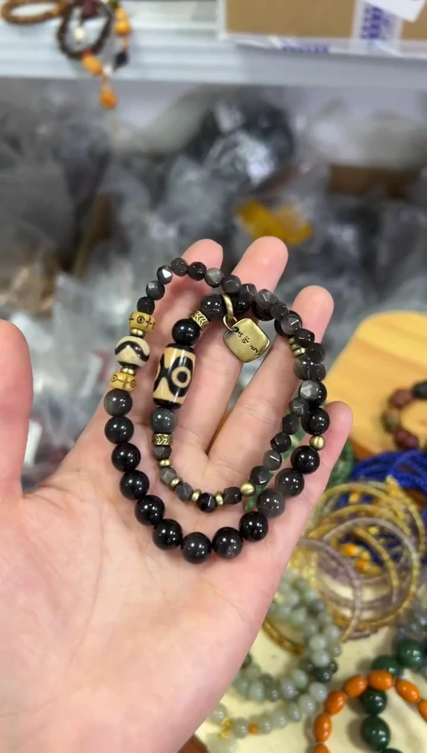 【闪购商品】黑曜岩手链未镶嵌金曜石三眼设计款双圈[2470]