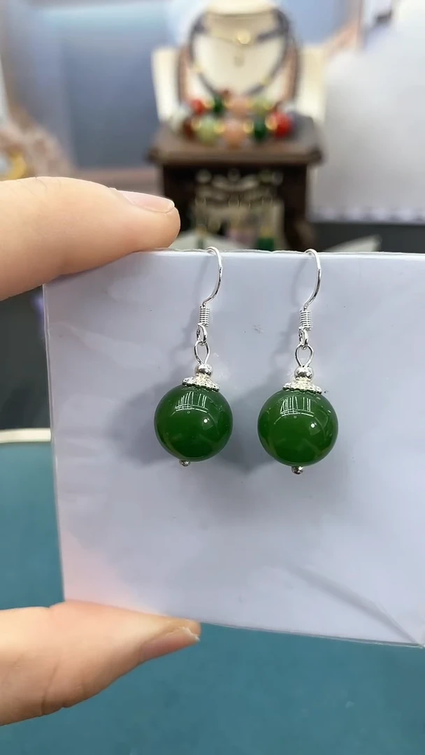 和田玉银S925镶嵌耳饰12mm碧玉福利