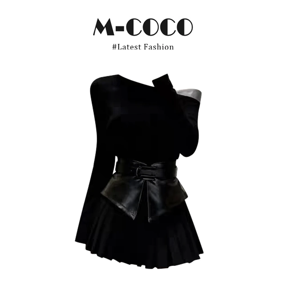 INS CEC法式赫本风黑色斜领露肩连衣裙女秋冬收腰显瘦百褶短裙