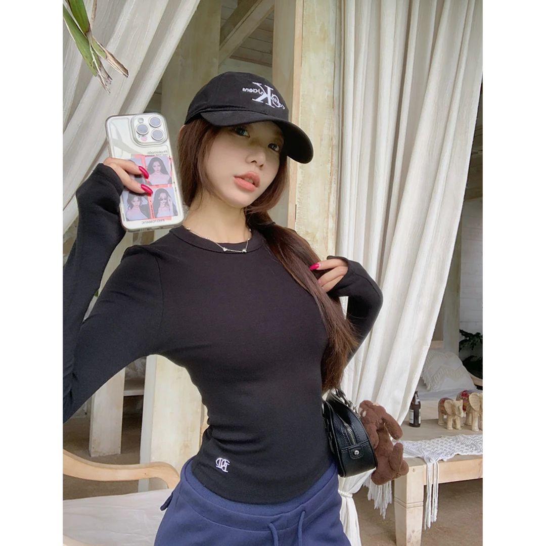 辣妹掐腰正肩短款T恤长袖女装圆领修身显瘦女装上衣潮