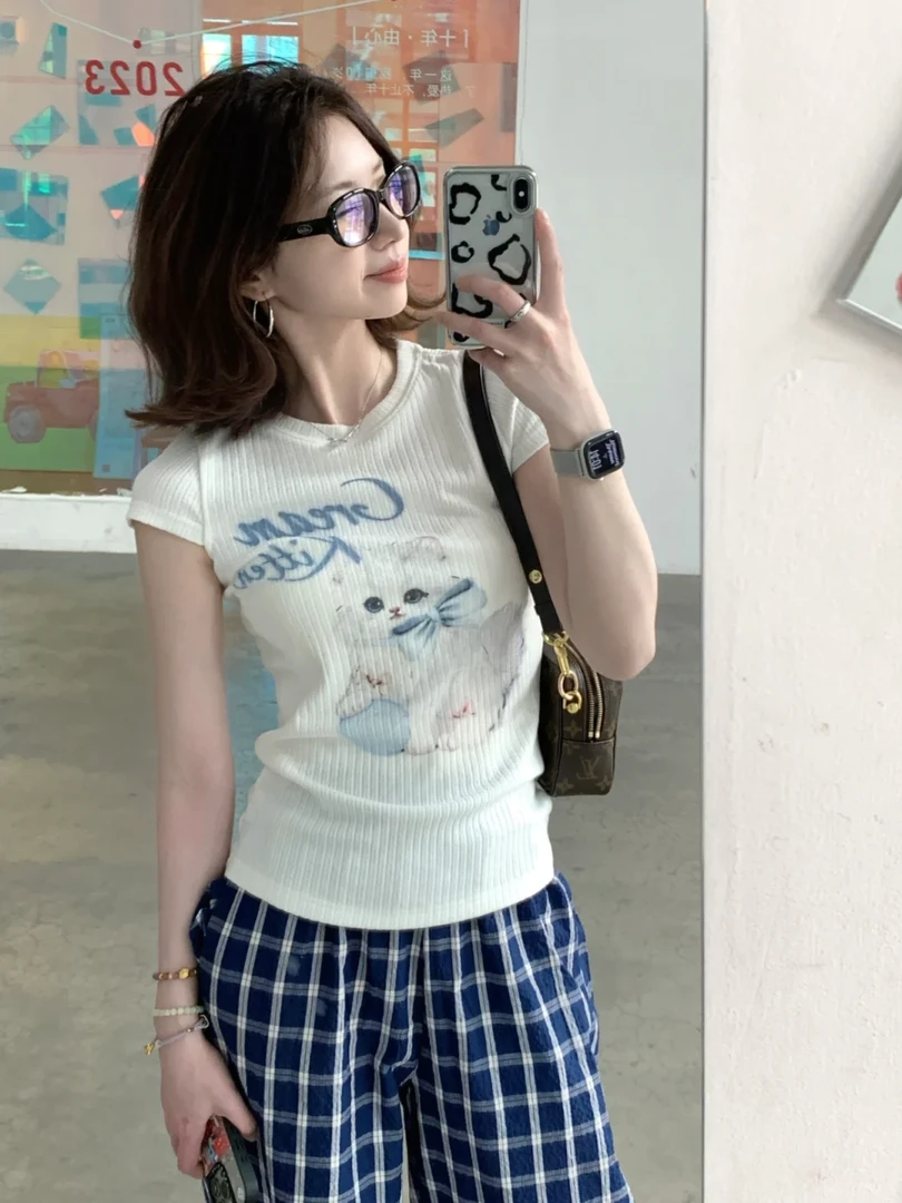 夏季蝴蝶结小猫咪正肩t恤修身显瘦甜辣上衣高腰格子阔腿裤两件套