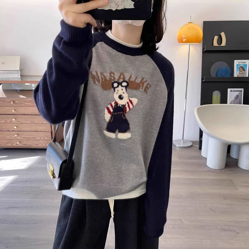 韩系秋冬新品藏青灰色飞行狗针织套头内搭毛衣女